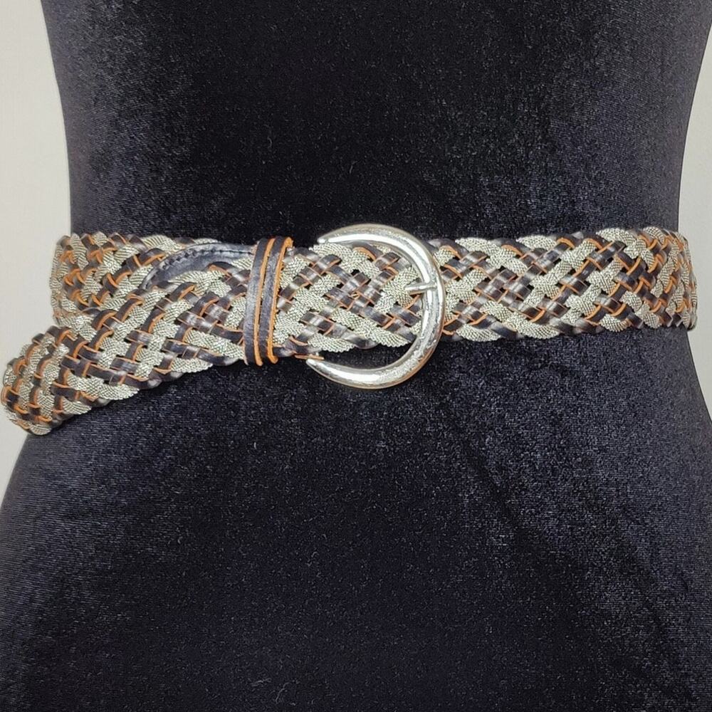 Another Line Woven Leather Silver Mesh D Ring Belt Black Small 34